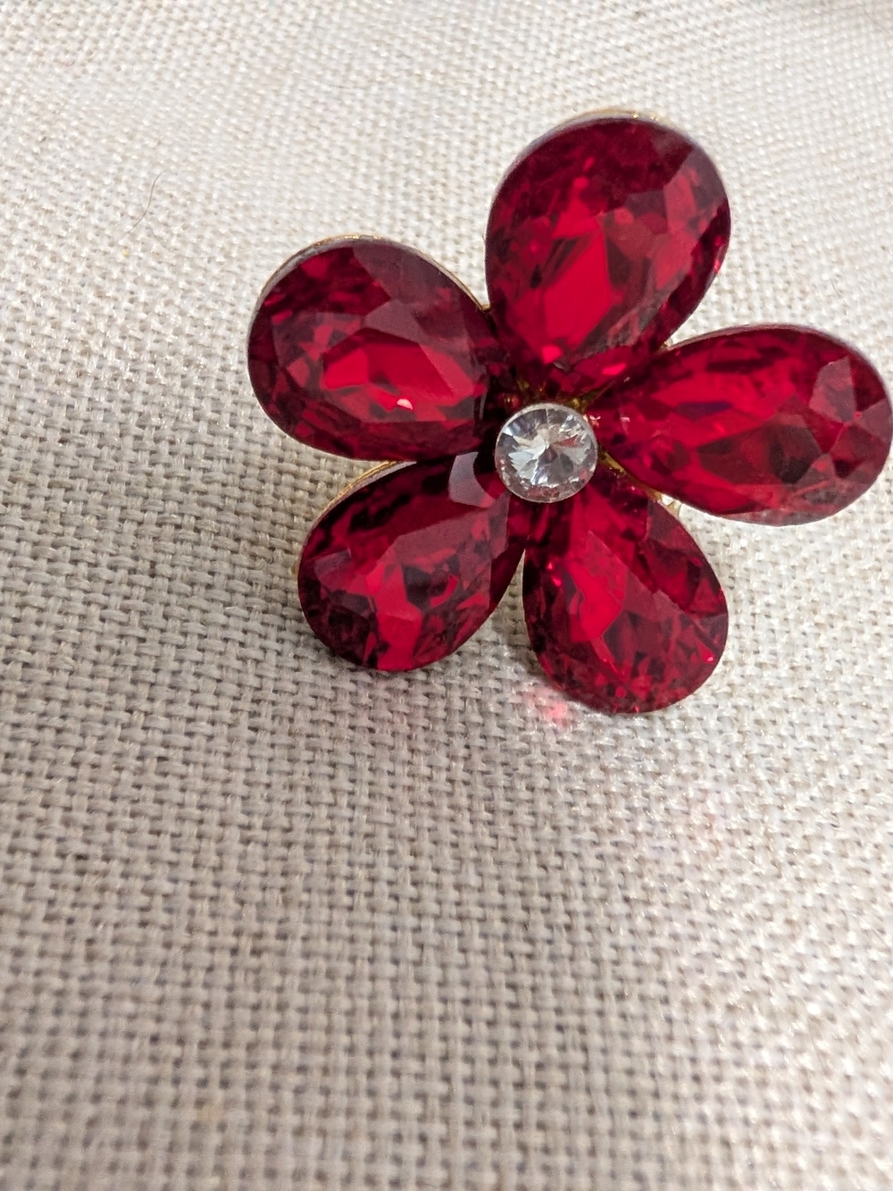 Red Crystal Flower Brooch with Clear Center